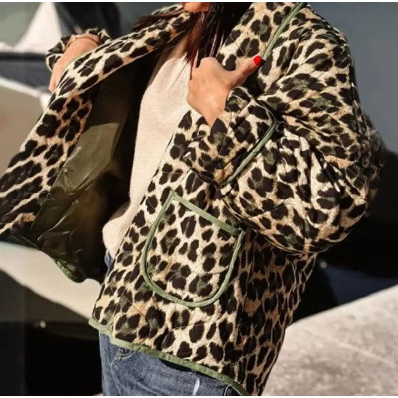 Women's fashionable quilted jacket with leopard print and pockets NOVAE
