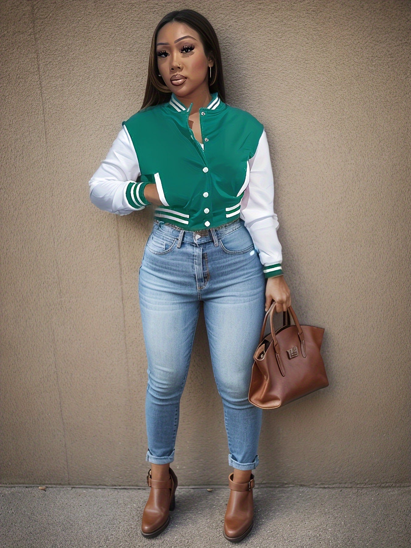 Women's varsity jacket with contrasting sleeves and structured collar NOVAE