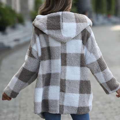 Women's plush jacket in a modern check design NOVAE