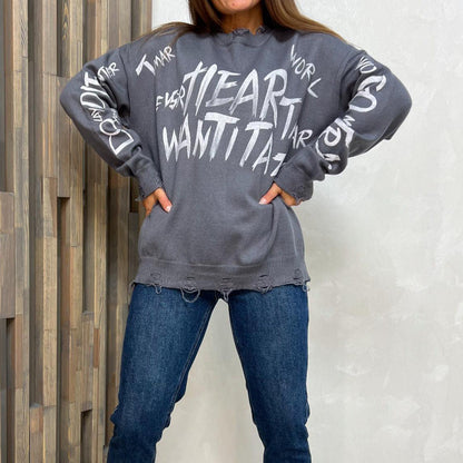 Women's oversized sweatshirt with creative lettering and fashionable ripped details NOVAE