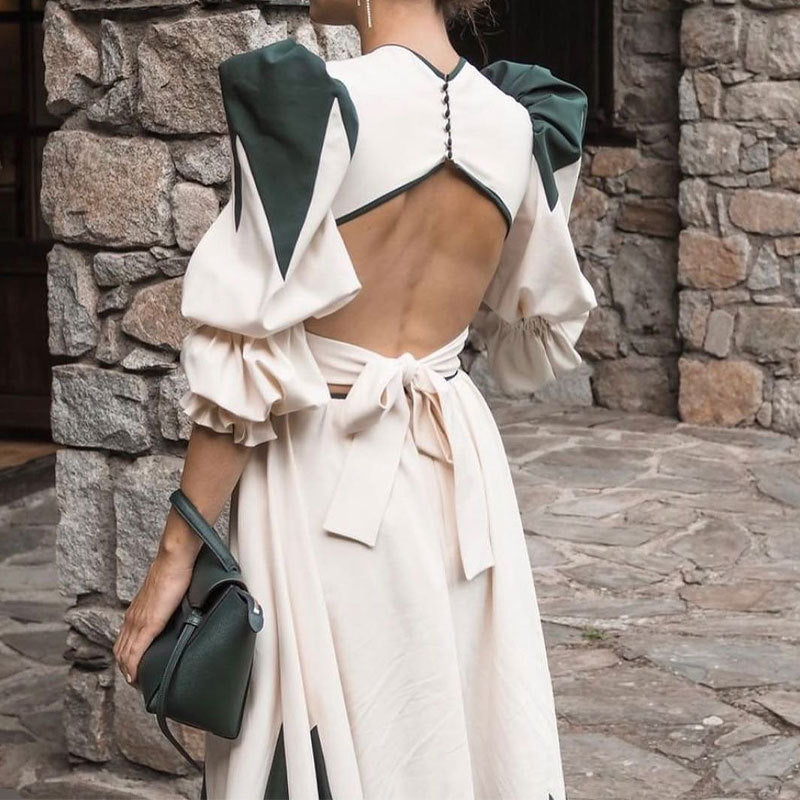 Women's maxi dress with ballet-style puff sleeves and V-neck NOVAE