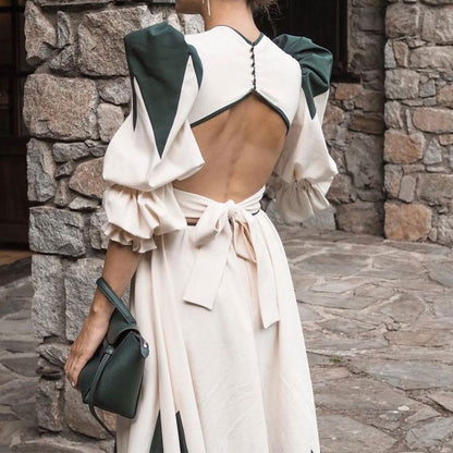 Women's maxi dress with ballet-style puff sleeves and V-neck NOVAE