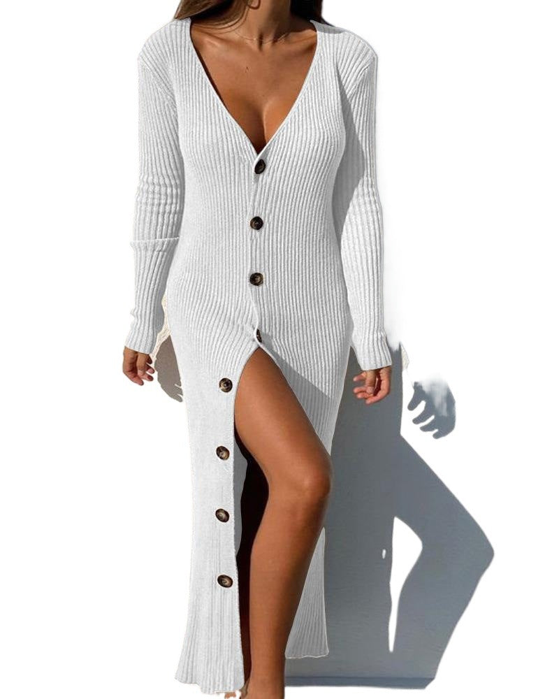 Women's long-sleeved dress with full button placket and side slit NOVAE