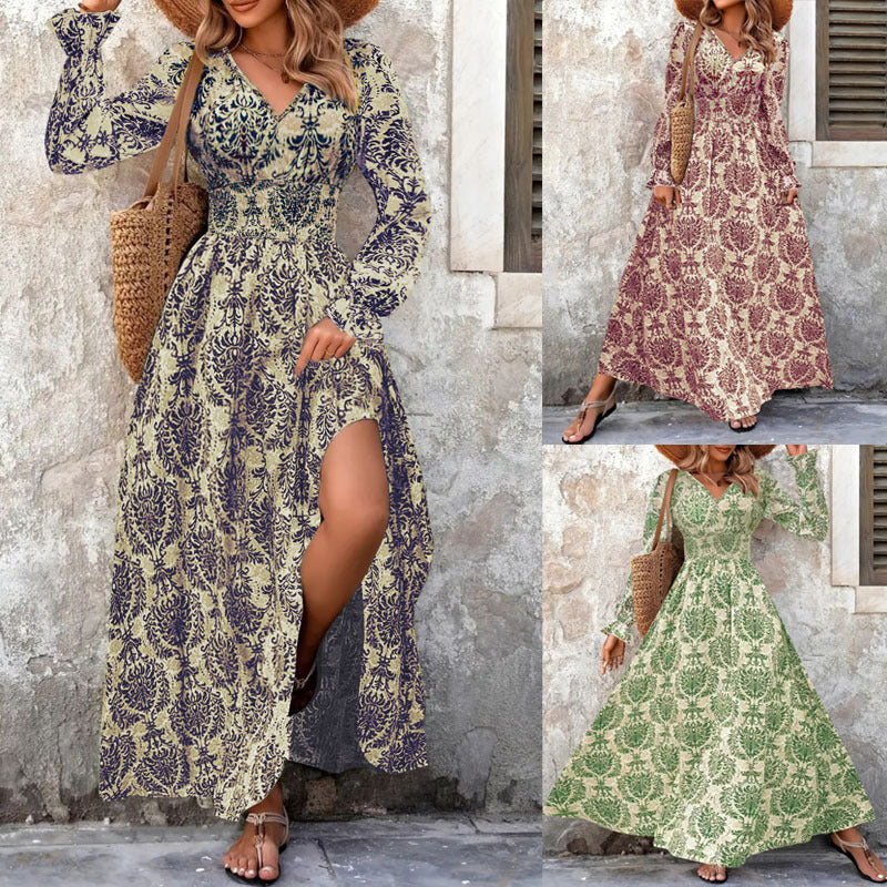 Women's long maxi dress with floral jacquard pattern and voluminous sleeves NOVAE