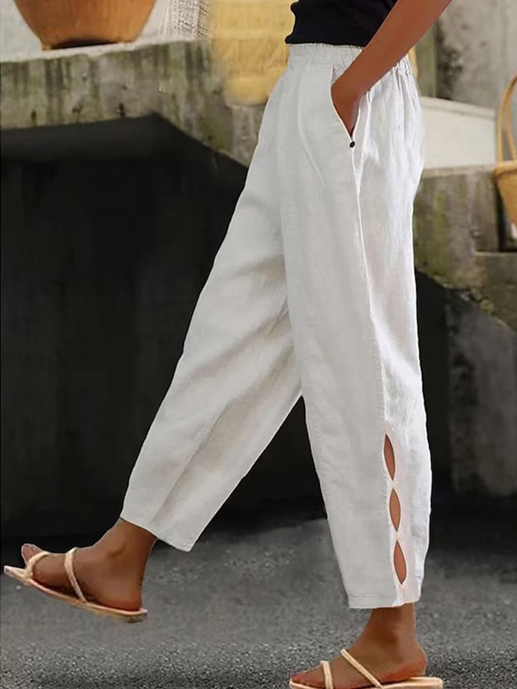 Women's lightweight linen trousers with side slits and elasticated waistband NOVAE