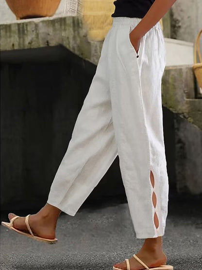 Women's lightweight linen trousers with side slits and elasticated waistband NOVAE