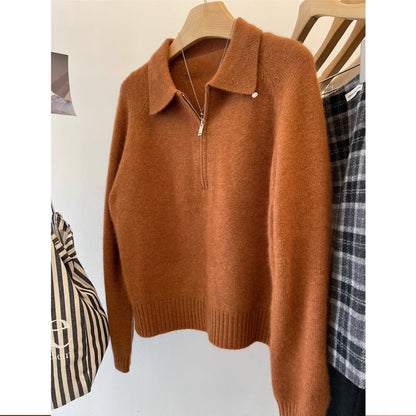 Women's Cozy Sweater with Stand-Up Collar and Short Zipper NOVAE