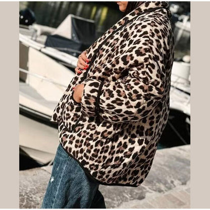 Women's fashionable quilted jacket with leopard print and pockets NOVAE