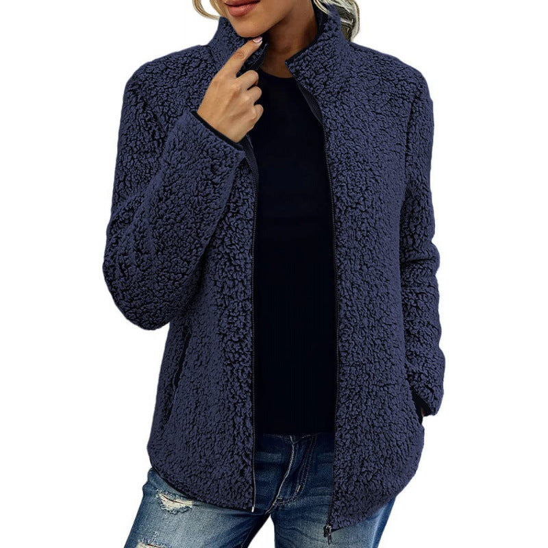 Women's fluffy fleece jacket with high collar and side pockets NOVAE