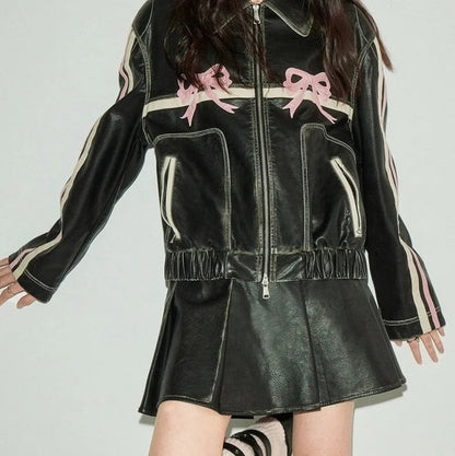 Women's faux leather jacket with ruffles and elastic hem NOVAE