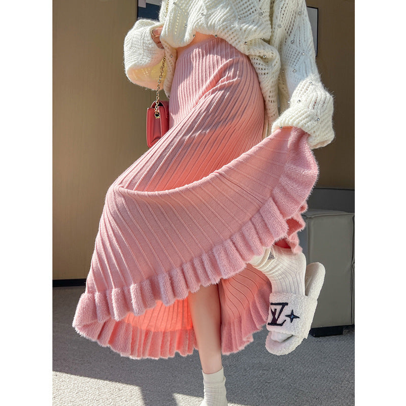 Women's pleated skirt with ruffle details and elastic waistband NOVAE