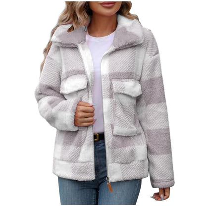 Women's fleece jacket with check pattern and practical pockets NOVAE