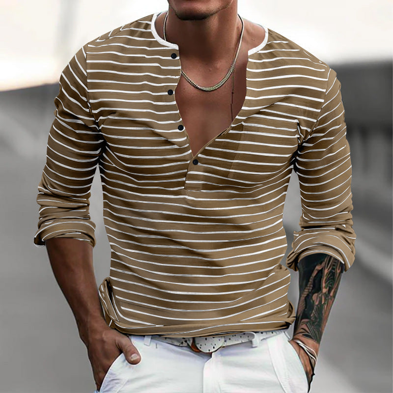 Men's striped long-sleeved shirt with button placket and V-neck NOVAE