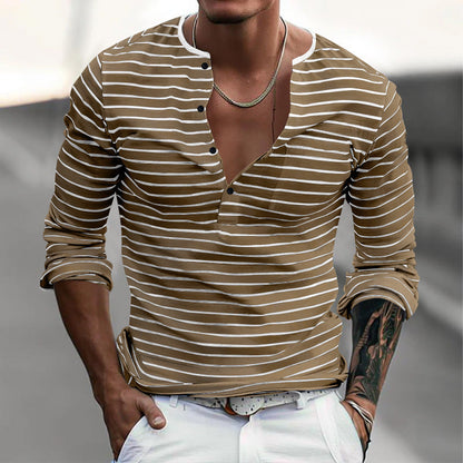 Men's striped long-sleeved shirt with button placket and V-neck NOVAE