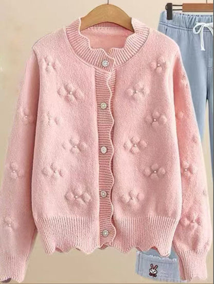Women's playful knit cardigan with decorative pearl buttons and floral design NOVAE