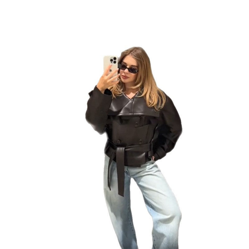 Women's Fashionable Cropped Leather Jacket with Double Button Placket and Wide Collar NOVAE