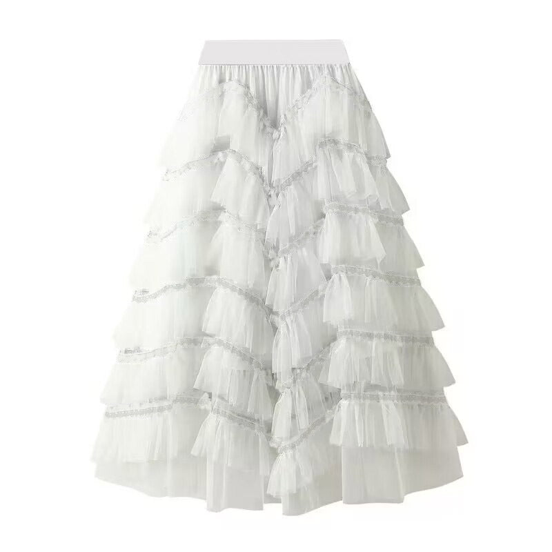 Women's fashionable tulle skirt with multi-layered ruffles and elegant lace accents NOVAE