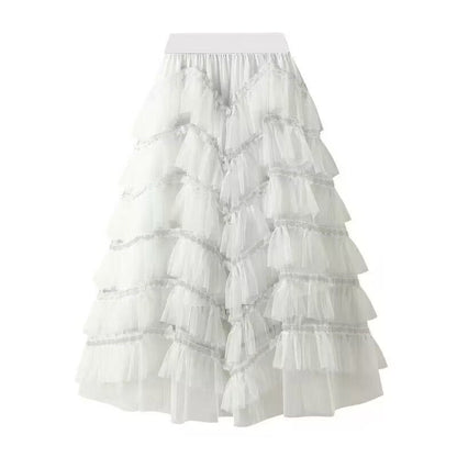 Women's fashionable tulle skirt with multi-layered ruffles and elegant lace accents NOVAE