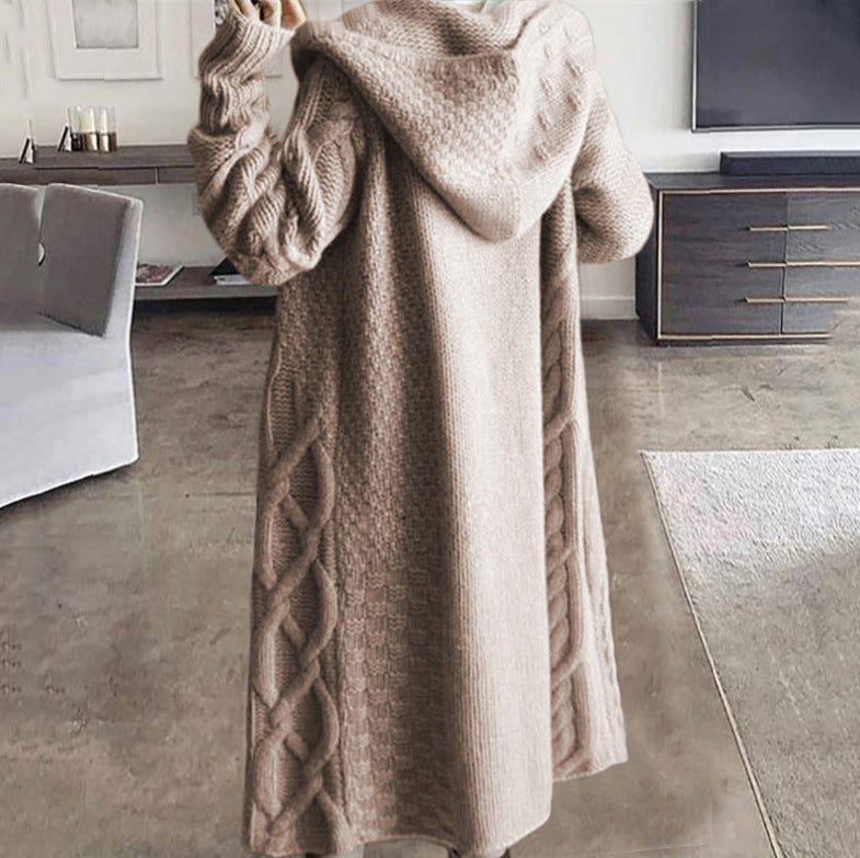 Women's knitted coat with hood and cable knit pattern NOVAE