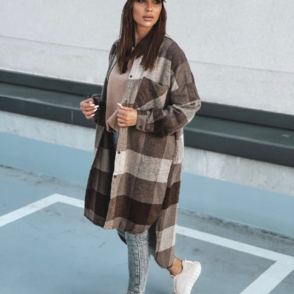 Women's Long Check Winter Coat with Button-Down Design and Loose Fit NOVAE