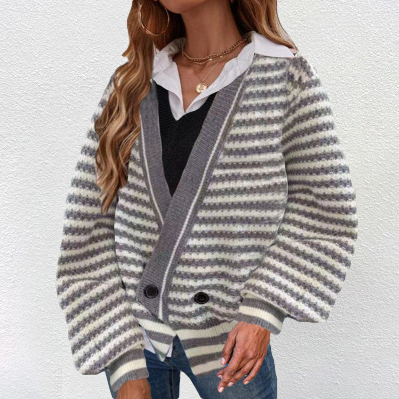 Women's chunky knit cardigan with V-neck and modern stripes NOVAE