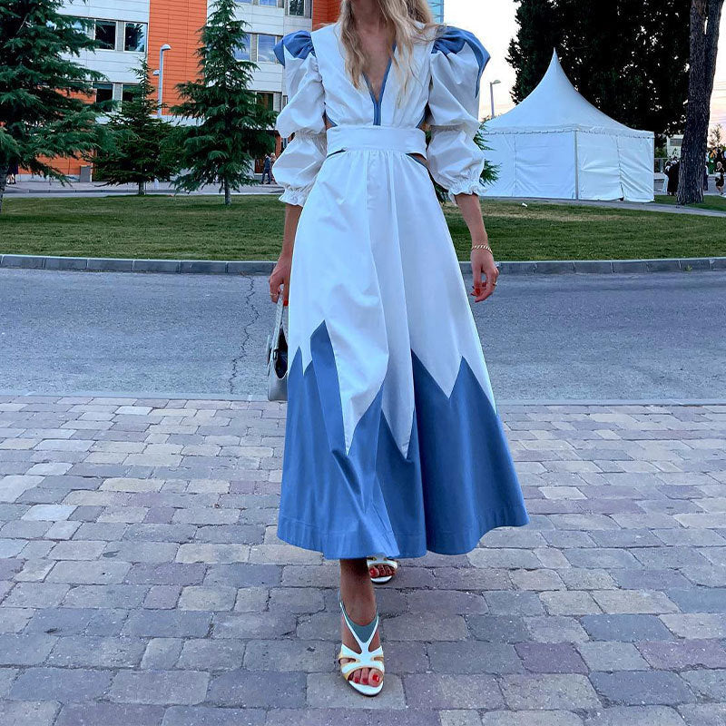 Women's maxi dress with ballet-style puff sleeves and V-neck NOVAE