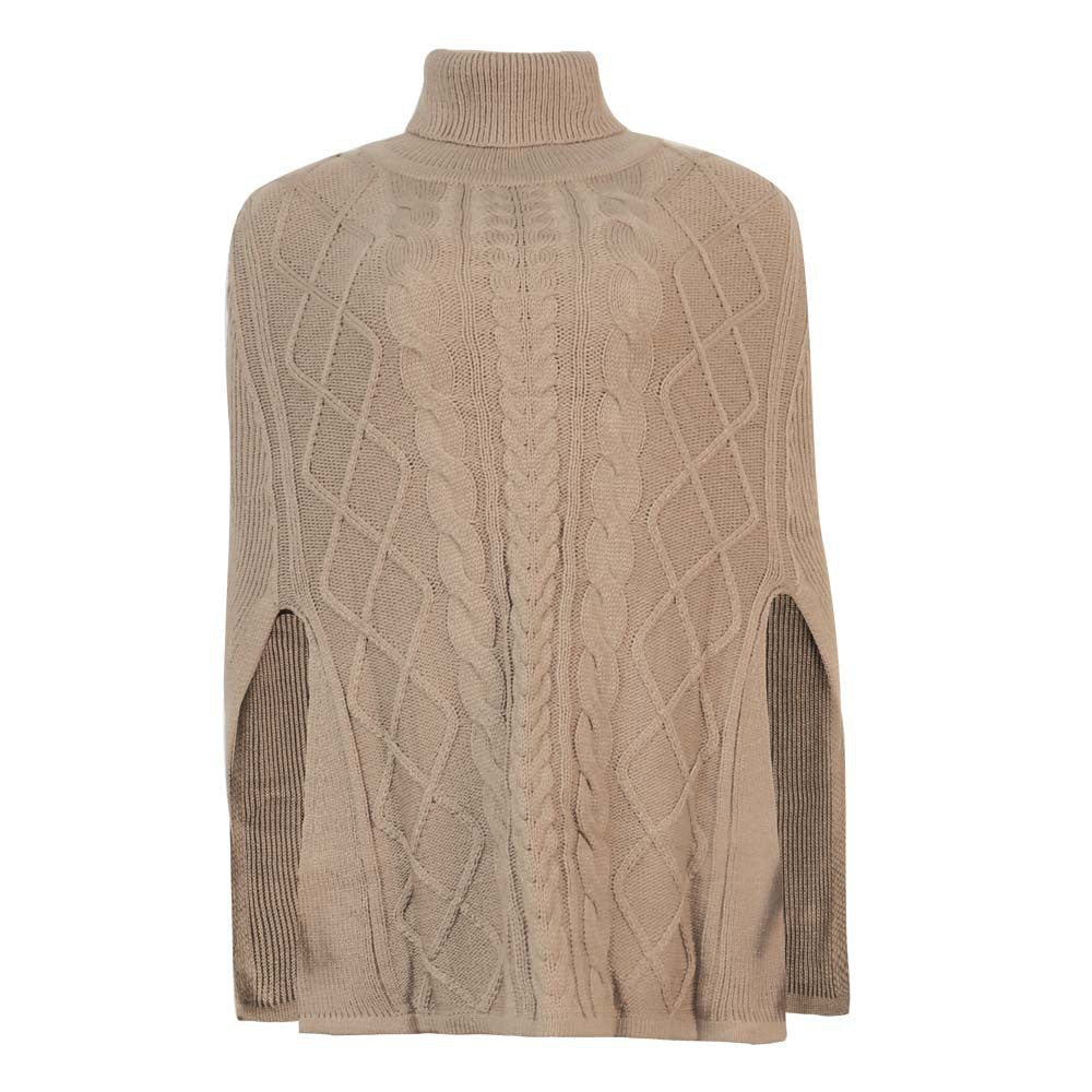 Women's knitted poncho with high collar and decorative cable pattern NOVAE