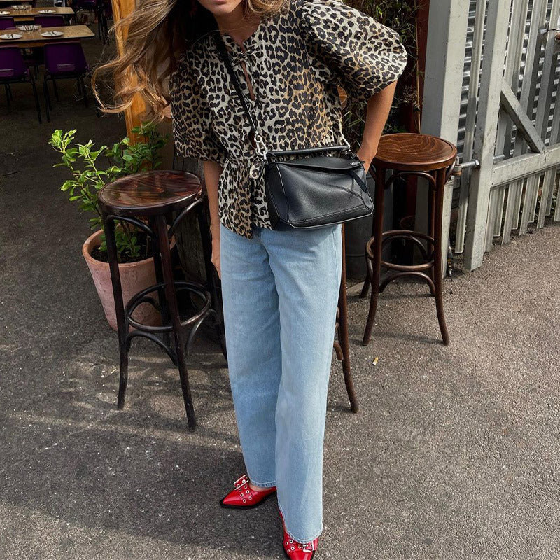 Women's lightweight short-sleeved leopard print top with intricate details NOVAE