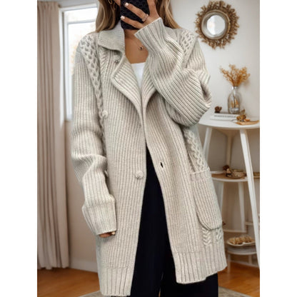 Women's cardigan with adjustable belt and structured cable knit pattern NOVAE