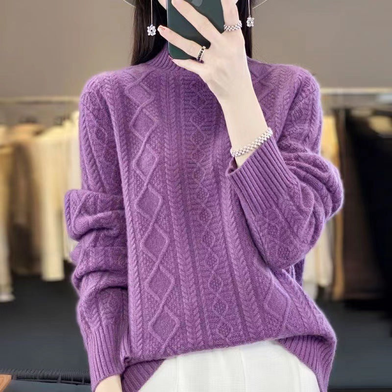 Women's High-Quality Knit Sweater with Stand-Up Collar and Cable Knit Design NOVAE