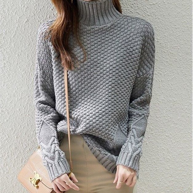 Women's chunky knit sweater with high collar and textured design NOVAE