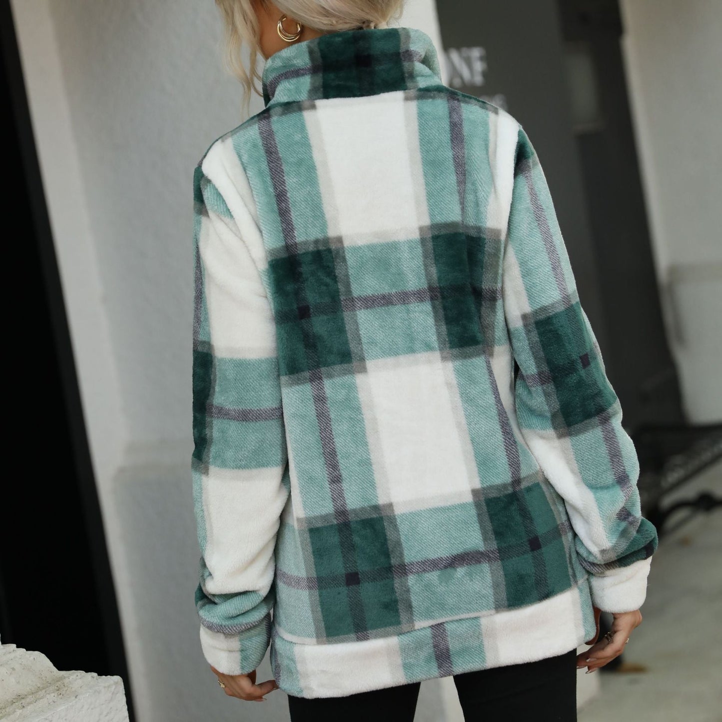 Women's fleece jacket with modern check pattern and high collar NOVAE
