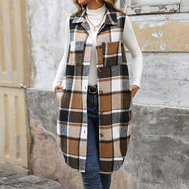 Women's long-sleeved vest with check pattern and practical pockets NOVAE