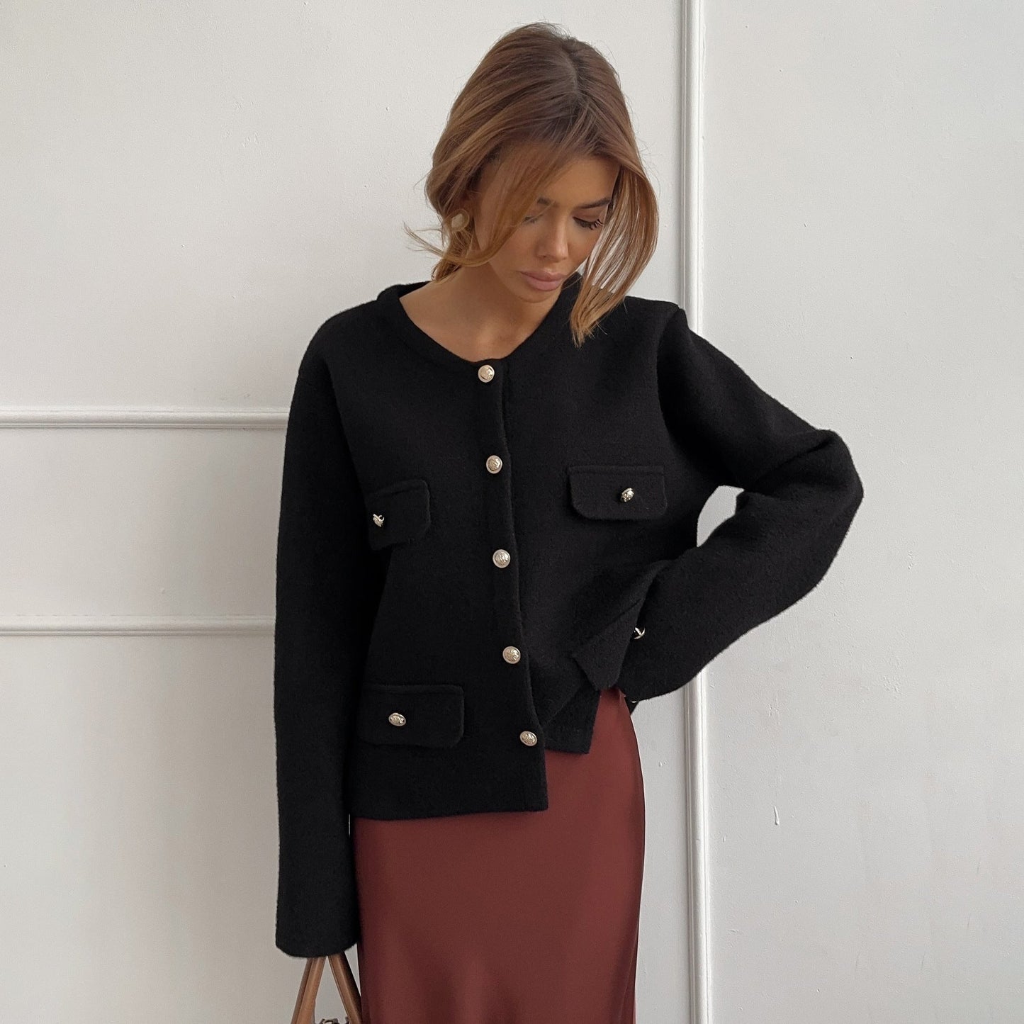 Women's Elegant Short Jacket with Functional Pockets and Button Details NOVAE