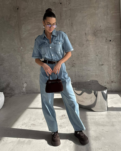 Women's denim jumpsuit with a fashionable cut and practical pockets NOVAE