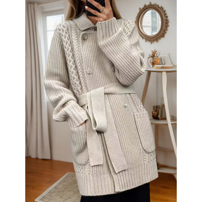 Women's cardigan with adjustable belt and structured cable knit pattern NOVAE