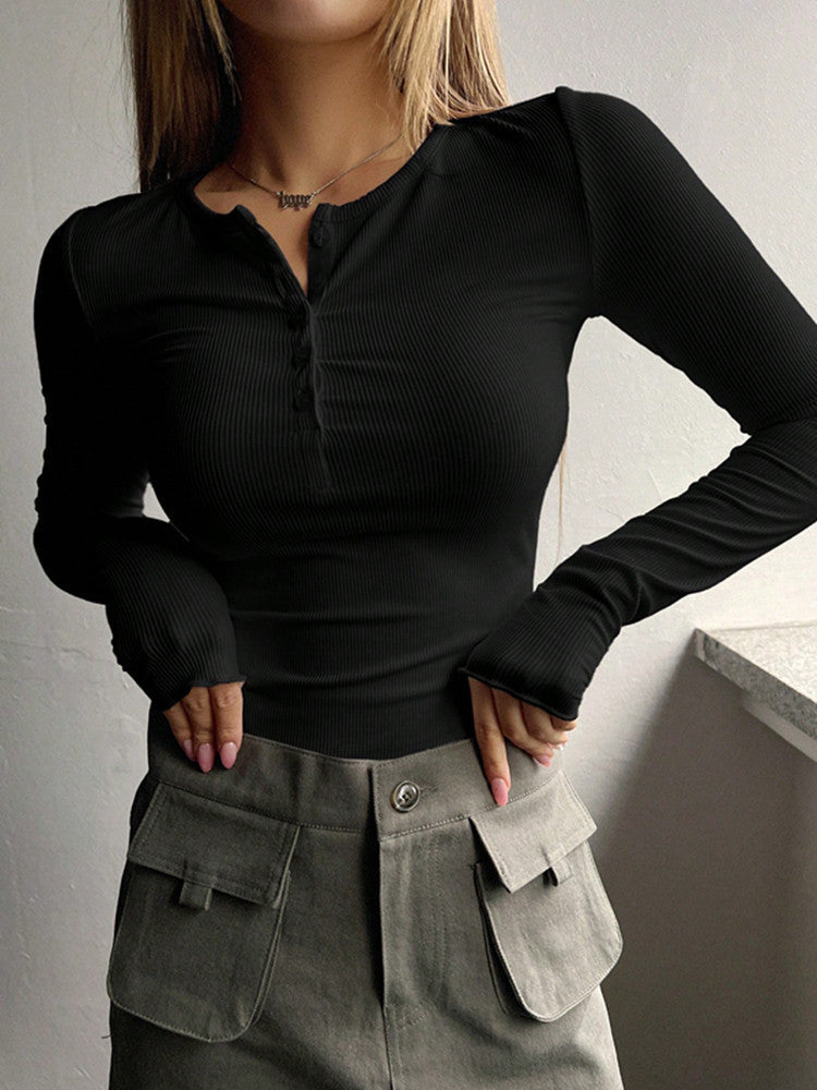 Women's long-sleeved shirt with button placket and fine rib texture NOVAE