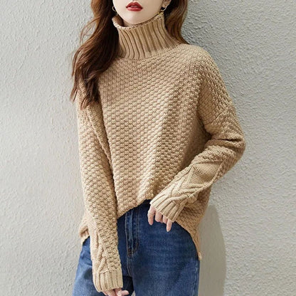 Women's chunky knit sweater with high collar and textured design NOVAE