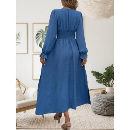 Women's maxi dress with deep V-neck and long puff sleeves NOVAE