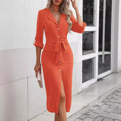 Women's Knee-Length Shirt Dress with Waist Belt NOVAE