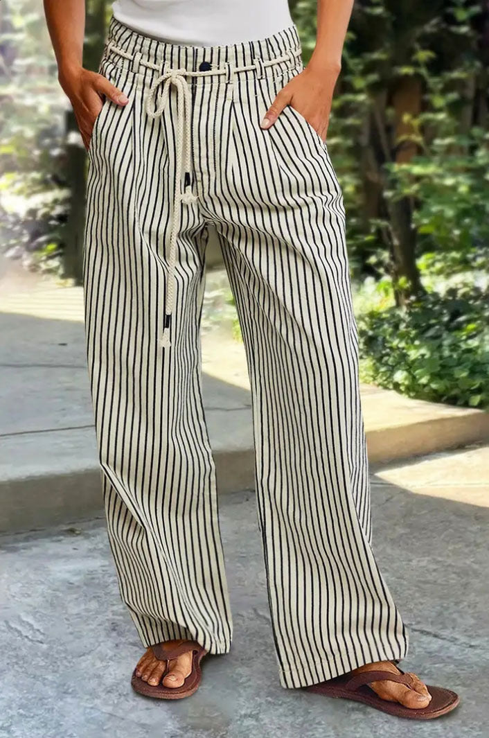 Women's Comfortable Beach Trousers with Casual Striped Pattern and Braided Waistband NOVAE