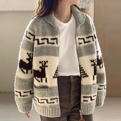 Women's Cozy Zip Cardigan with Festive Motif NOVAE