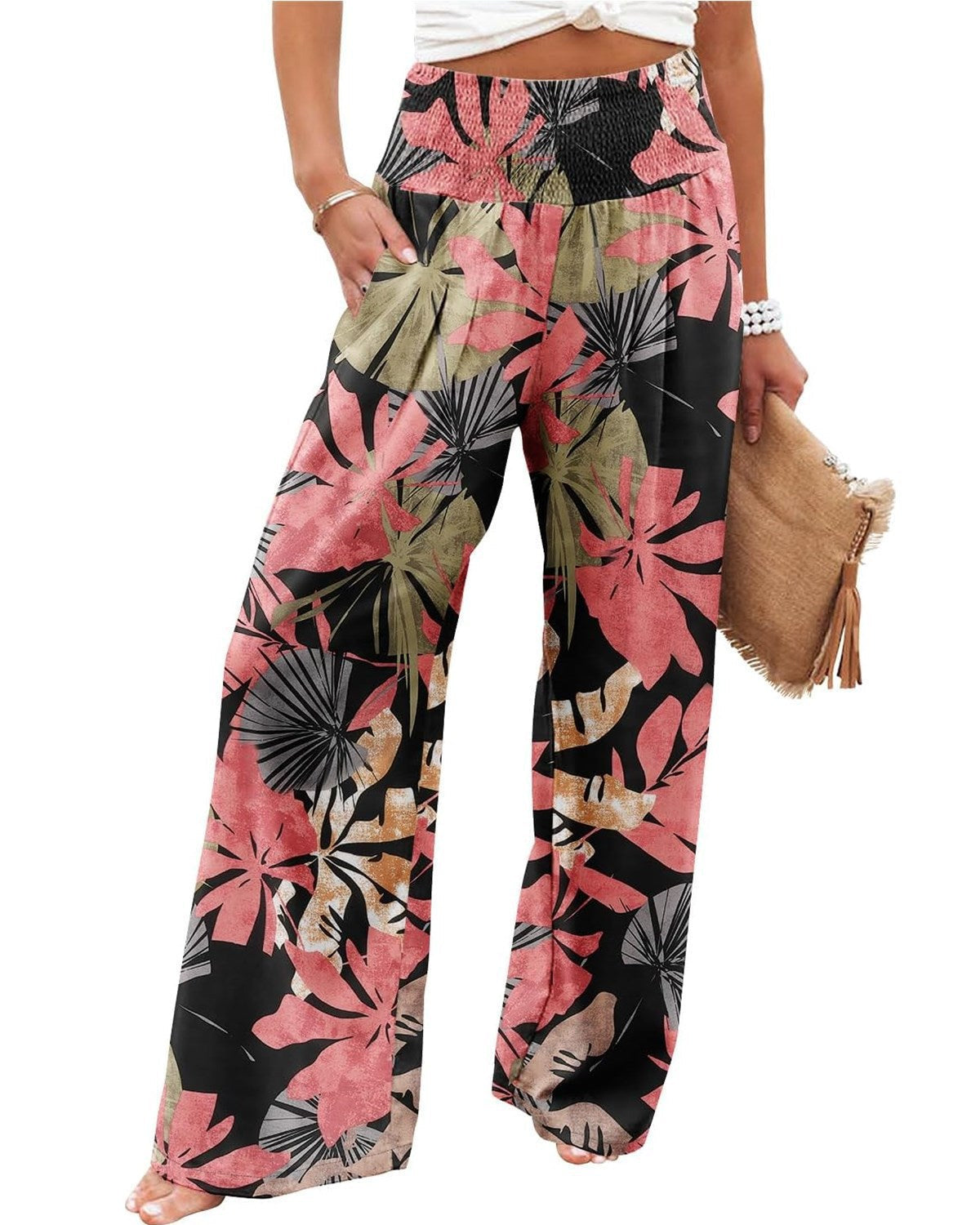 Women's palazzo trousers with elasticated waistband and floral pattern NOVAE