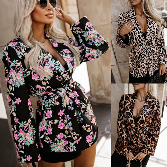 Women's Elegant Blazer Jacket with Animal Print and Accentuated Waist Belt NOVAE