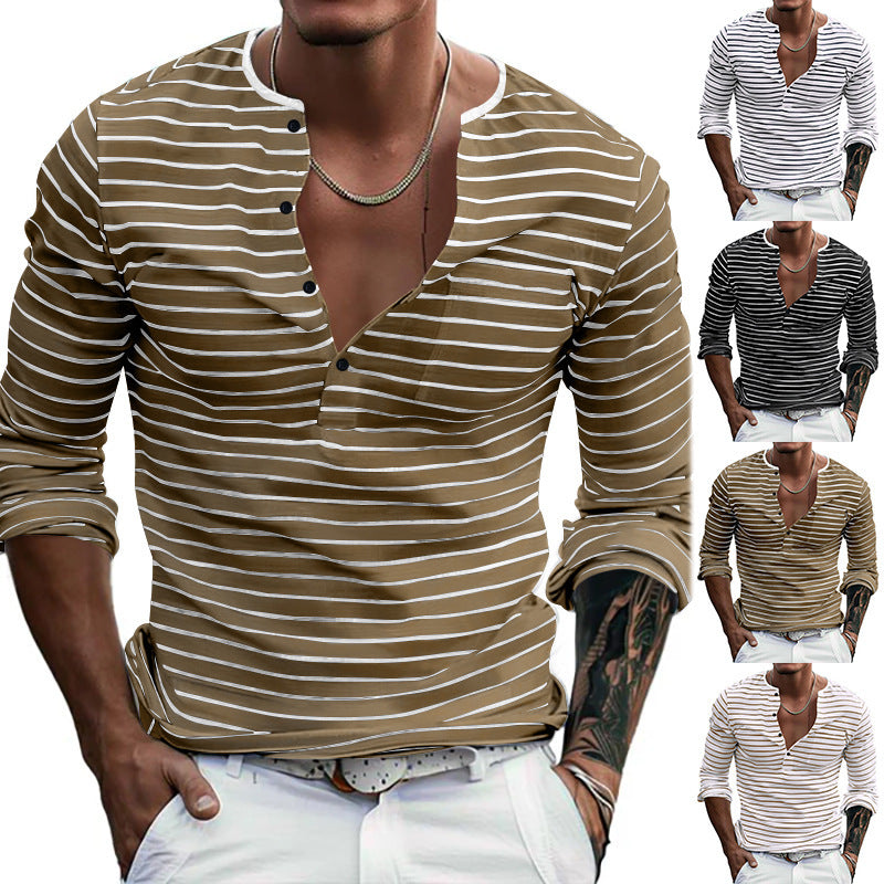 Men's striped long-sleeved shirt with button placket and V-neck NOVAE