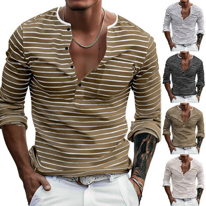 Men's striped long-sleeved shirt with button placket and V-neck NOVAE