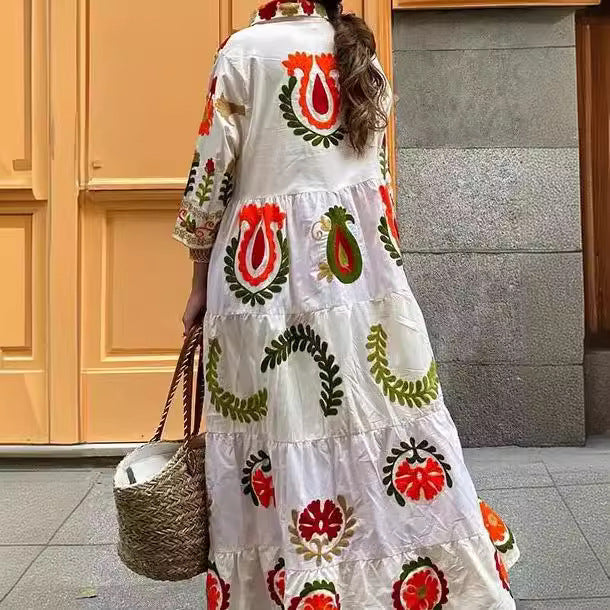 Women's Long Sleeve Partial Check Dress with Floral Embroidery NOVAE