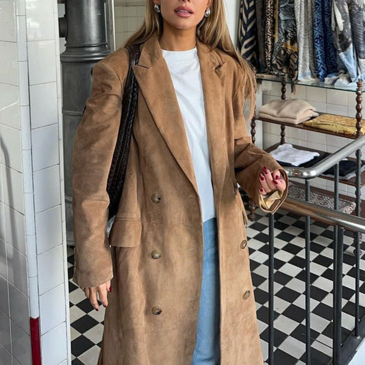 Women's elegant long coat with double button placket and practical pockets NOVAE