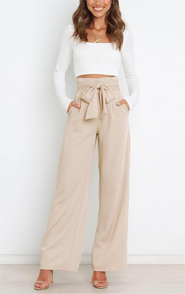 Women's wide-leg trousers with tie belt and elegant pockets NOVAE