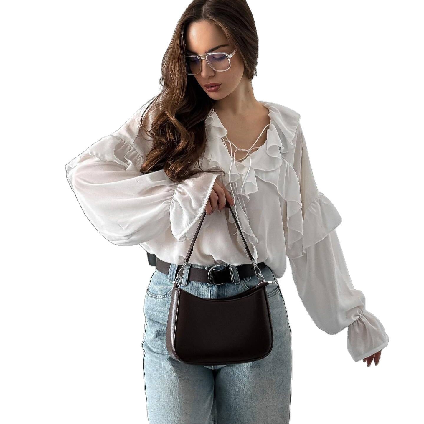 Women's blouse with playful flounce and tie belt NOVAE